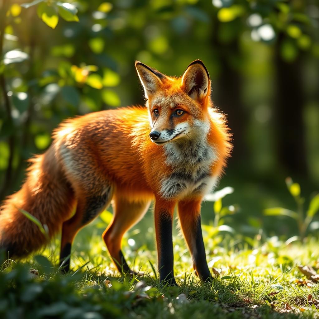 A vivid live fox with a shiny, crystal-like coat reflecting shades of red and orange, standing elegantly in a lush green forest