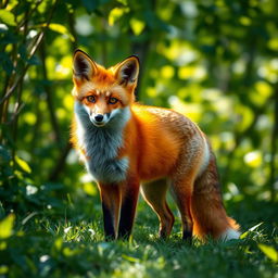 A vivid live fox with a shiny, crystal-like coat reflecting shades of red and orange, standing elegantly in a lush green forest