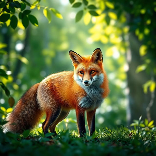 A vivid live fox with a shiny, crystal-like coat reflecting shades of red and orange, standing elegantly in a lush green forest