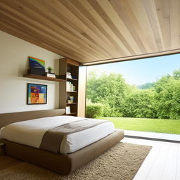 Design a modern, spacious and vibrant bedroom with a king size bed, a study area, wall mounted bookshelves and with large glass windows for natural light.