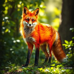 A vivid live fox with a shiny, crystal-like coat reflecting shades of red and orange, standing elegantly in a lush green forest