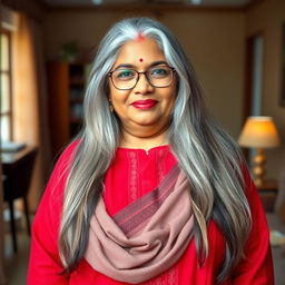 A 60-year-old dusky Indian plus-size housewife, showcasing her tall stature with grace