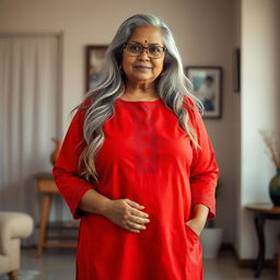A 60-year-old dusky Indian plus-size housewife, showcasing her tall stature with grace