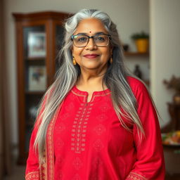 A 60-year-old dusky Indian plus-size housewife, showcasing her tall stature with grace