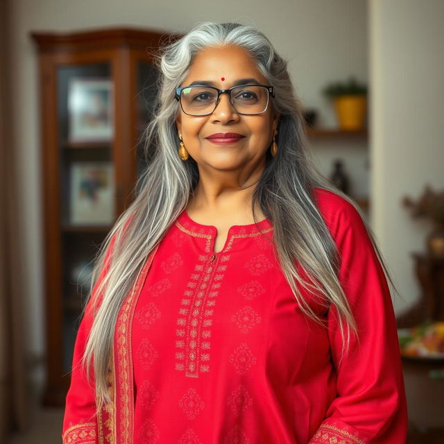 A 60-year-old dusky Indian plus-size housewife, showcasing her tall stature with grace