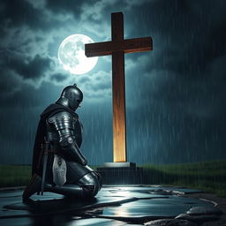 A kneeling Templar warrior in shining armor under the light of a full moon, with his head bowed in reverence to a large wooden cross raised before him, reflecting the silver light of the moon