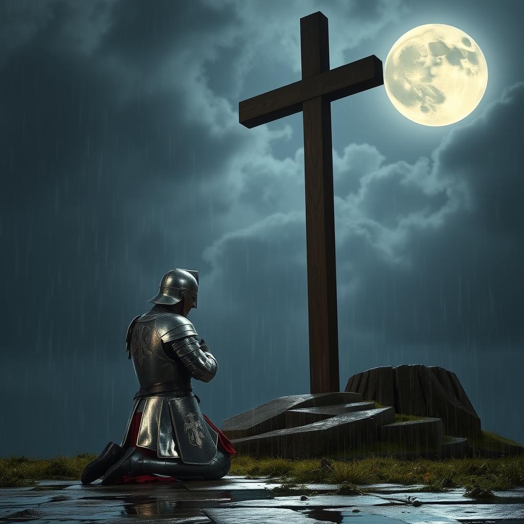 A kneeling Templar warrior in shining armor under the light of a full moon, with his head bowed in reverence to a large wooden cross raised before him, reflecting the silver light of the moon