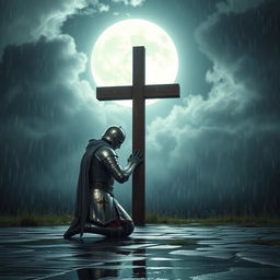 A kneeling Templar warrior in shining armor under the light of a full moon, with his head bowed in reverence to a large wooden cross raised before him, reflecting the silver light of the moon
