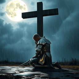 A kneeling Templar warrior in shining armor under the light of a full moon, with his head bowed in reverence to a large wooden cross raised before him, reflecting the silver light of the moon
