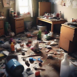 A high-quality digital art image depicts a messy room, awash with clutter