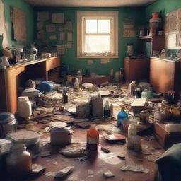 A high-quality digital art image depicts a messy room, awash with clutter