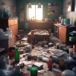 A high-quality digital art image depicts a messy room, awash with clutter