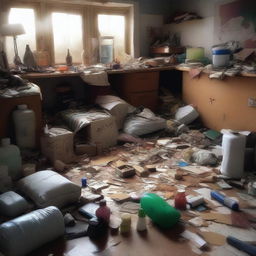 A high-quality digital art image depicts a messy room, awash with clutter