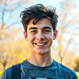A portrait of a young man, approximately 16-17 years old, with a bright and cheerful expression