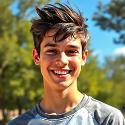 A portrait of a young man, approximately 16-17 years old, with a bright and cheerful expression