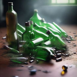 This is a high-resolution digital art image portraying a scene filled with bottles scattered all around