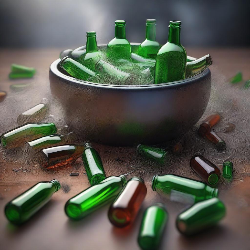 This is a high-resolution digital art image portraying a scene filled with bottles scattered all around