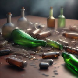 This is a high-resolution digital art image portraying a scene filled with bottles scattered all around