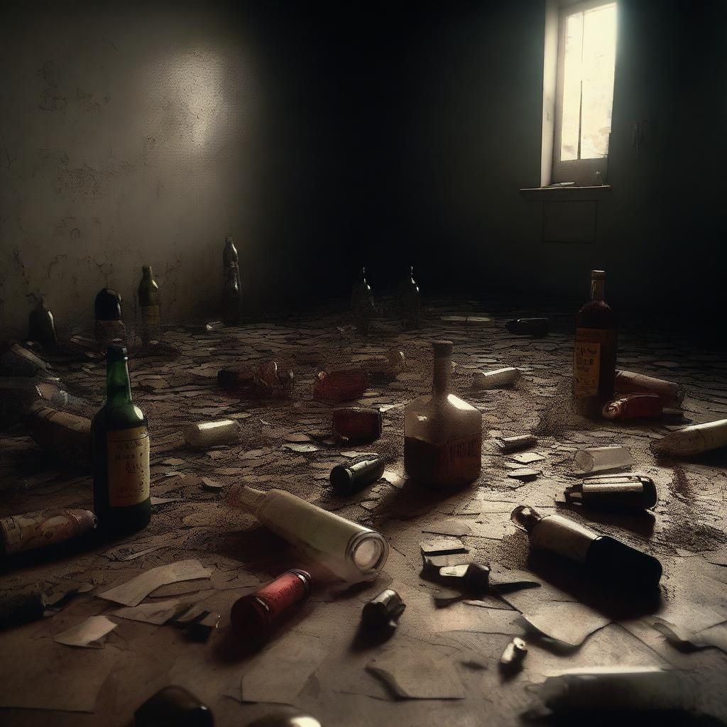 This high-resolution digital art image captures a dimly lit room filled with bottles scattered indiscriminately