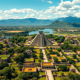 A panoramic view of Tenochtitlán in the year 1512, showcasing the vibrant city with its iconic chinampas (floating gardens) in the foreground