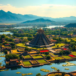 A panoramic view of Tenochtitlán in the year 1512, showcasing the vibrant city with its iconic chinampas (floating gardens) in the foreground