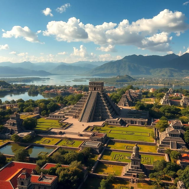 A panoramic view of Tenochtitlán in the year 1512, showcasing the vibrant city with its iconic chinampas (floating gardens) in the foreground