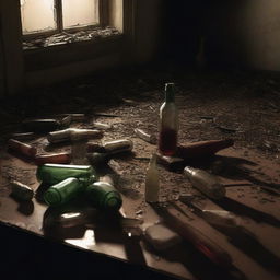 This high-resolution digital art image captures a dimly lit room filled with bottles scattered indiscriminately