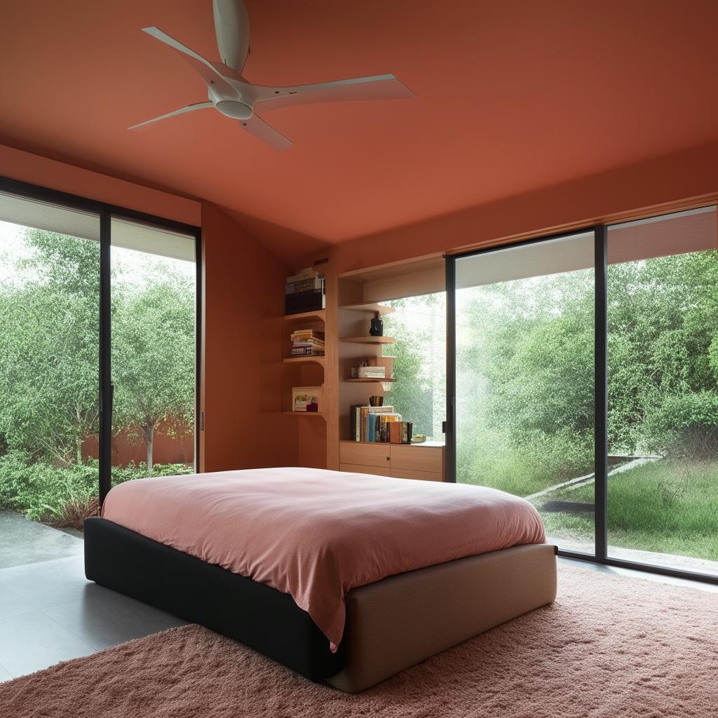 Design a modern, spacious and vibrant bedroom with a king size bed, a study area, wall mounted bookshelves and with large glass windows for natural light.