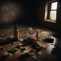 This high-resolution digital art image captures a dimly lit room filled with bottles scattered indiscriminately