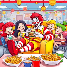 Ronald McDonald sitting comfortably on a colorful chair, enjoying a delicious cheeseburger with a group of cheerful friends around him