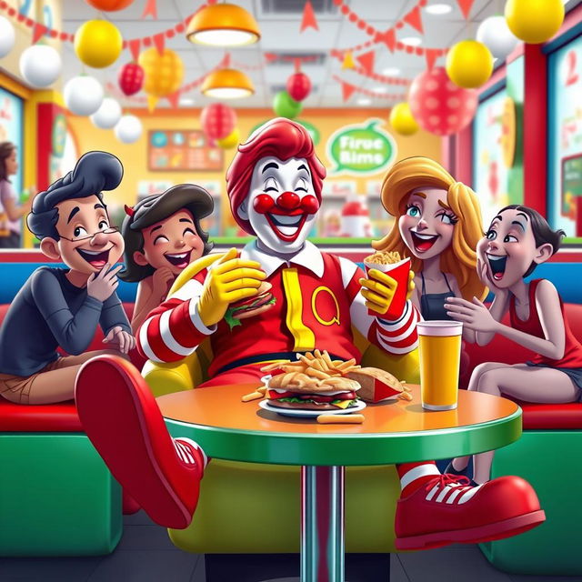 Ronald McDonald sitting comfortably on a colorful chair, enjoying a delicious cheeseburger with a group of cheerful friends around him