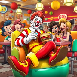 Ronald McDonald sitting comfortably on a colorful chair, enjoying a delicious cheeseburger with a group of cheerful friends around him