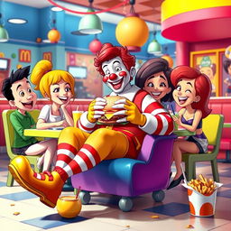 Ronald McDonald sitting comfortably on a colorful chair, enjoying a delicious cheeseburger with a group of cheerful friends around him