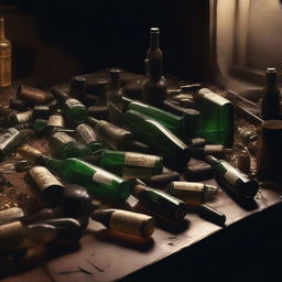 This high-resolution digital art image captures a dimly lit room filled with bottles scattered indiscriminately