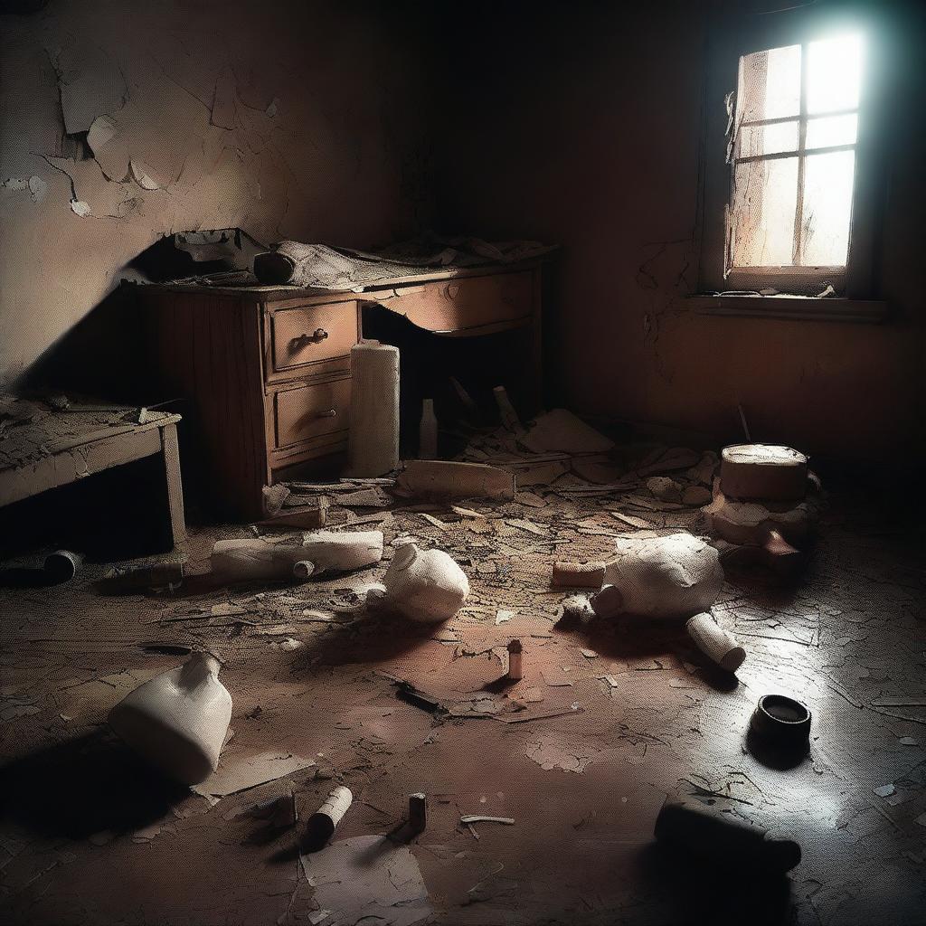 An expertly crafted digital art image showcases a dimly lit room in disarray