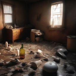 An expertly crafted digital art image showcases a dimly lit room in disarray