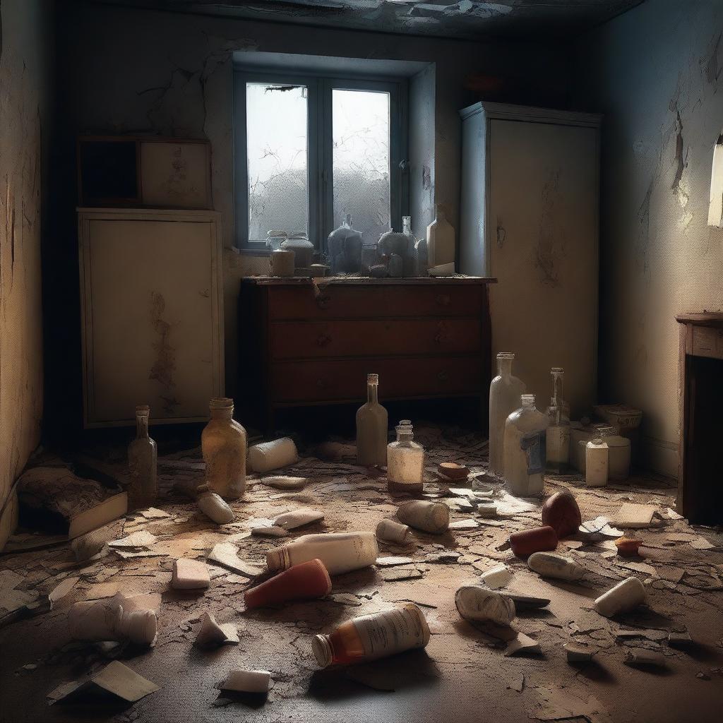 An expertly crafted digital art image showcases a dimly lit room in disarray