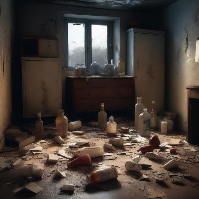 An expertly crafted digital art image showcases a dimly lit room in disarray