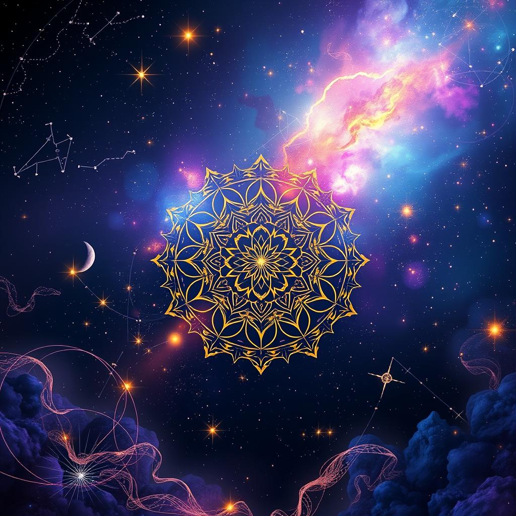 An ethereal and mystical background designed for a fortune matrix analysis profile, featuring a blend of cosmic elements such as a starry sky, shimmering constellations, flowing energies, and abstract symbols depicting fate and destiny