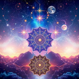 An ethereal and mystical background designed for a fortune matrix analysis profile, featuring a blend of cosmic elements such as a starry sky, shimmering constellations, flowing energies, and abstract symbols depicting fate and destiny
