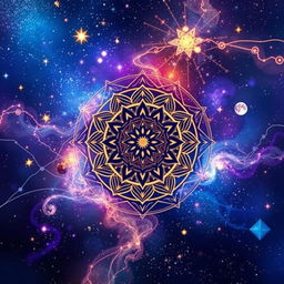 An ethereal and mystical background designed for a fortune matrix analysis profile, featuring a blend of cosmic elements such as a starry sky, shimmering constellations, flowing energies, and abstract symbols depicting fate and destiny