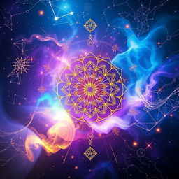 An ethereal and mystical background designed for a fortune matrix analysis profile, featuring a blend of cosmic elements such as a starry sky, shimmering constellations, flowing energies, and abstract symbols depicting fate and destiny