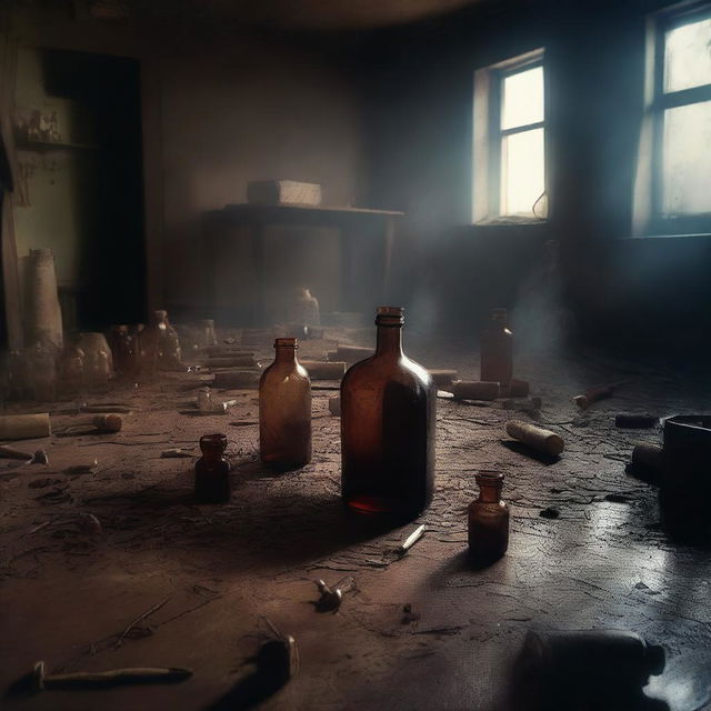 This is a high-quality digital art image, depicting a dimly lit, smoke-filled room in a state of disarray