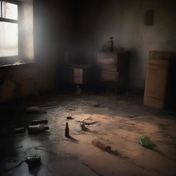 This is a high-quality digital art image, depicting a dimly lit, smoke-filled room in a state of disarray