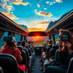 A high-end, luxurious travel scene featuring a posh tour bus surrounded by a stunning landscape of mountains and lush greenery, with travelers elegantly dressed in stylish, upscale clothing