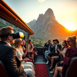 A high-end, luxurious travel scene featuring a posh tour bus surrounded by a stunning landscape of mountains and lush greenery, with travelers elegantly dressed in stylish, upscale clothing