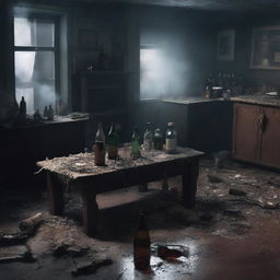 A highly detailed digital art image presents a somber scene of a post-party mess in a dimly lit, smoke-filled room