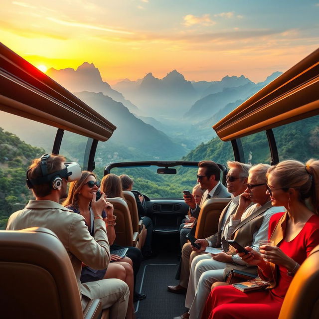 A high-end, luxurious travel scene featuring a posh tour bus surrounded by a stunning landscape of mountains and lush greenery, with travelers elegantly dressed in stylish, upscale clothing