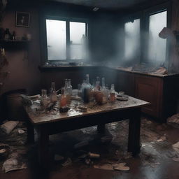 A highly detailed digital art image presents a somber scene of a post-party mess in a dimly lit, smoke-filled room