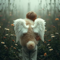 A heartfelt scene featuring a young child from behind, gently embracing a large fluffy dog with white wings